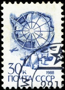 RUSSIA - CIRCA 1988: stamp printed by Russia, shows ship and penguin, circa 1988.