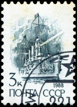 USSR - CIRCA 1988: A stamp printed in the USSR, shows cruiser Aurora, circa 1988