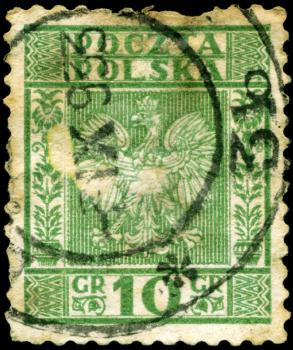 POLAND - CIRCA 1932: A stamp printed in Poland shows image of The White Eagle (Polish: Orzel Bialy) - national coat of arms of Poland, without inscription, series Coat of arms of Poland, circa 1932