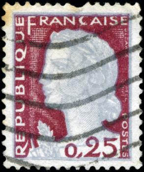 FRANCE - CIRCA 1960: A stamp printed in France shows Marianne, type Decaris, circa 1960.