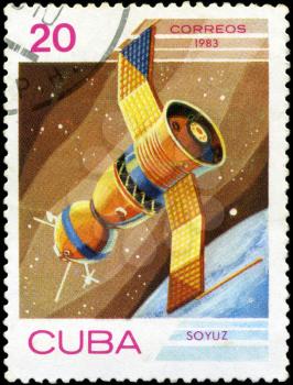 CUBA - CIRCA 1983: A stamp printed in Cuba, shows Soyuz space satellite , circa 1983