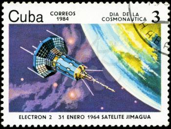 CUBA CIRCA 1984: stamp printed by CUBA, shows Cosmonautics Day - Electron-2 satellite Jimagua January 31, 1964, CIRCA 1984