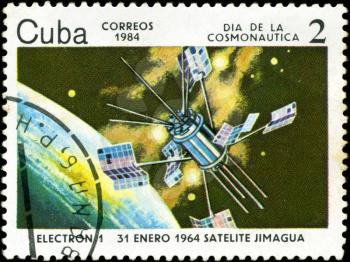 CUBA CIRCA 1984: stamp printed by CUBA, shows Cosmonautics Day - Electron-1 satellite Jimagua January 31, 1964, CIRCA 1984