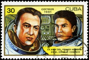 CUBA - CIRCA 1981: a stamp printed in the Cuba shows Valeri Ryumen and Leonid Popov set a Space Endurance Record, 20th Anniversary of 1st Man in Space, circa 1981