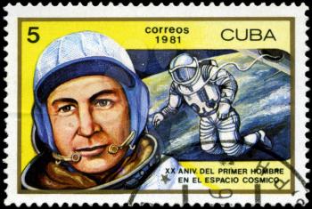 CUBA - CIRCA 1981: a stamp printed in the Cuba shows Aleksei A. Leonov, 1st Man to Walk in Space, 20th Anniversary of 1st Man in Space, circa 1981