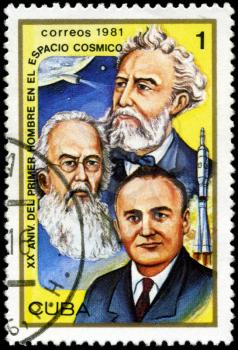CUBA - CIRCA 1981: a stamp printed in the Cuba shows Jules Verne, Konstantin E. Tsiolkovski and Sergei P. Korolev, 20th Anniversary of 1st Man in Space, circa 1981