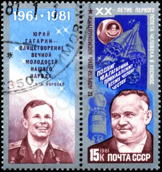 USSR - CIRCA 1981: A stamp printed in the USSR showing Yuri Gagarin and Sergey Koroliov, circa 1981