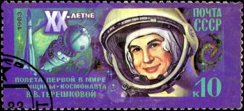 USSR - CIRCA 1983: A Stamp printed in USSR (Russia) shows portrait of Tereshkova, with inscriptions and name of series 20th Anniversary of First Woman Cosmonaut - Valentina Tereshkova, circa 1983