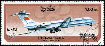 CAMBODIA - CIRCA 1986: stamp printed by Cambodia, shows airplane IL-62, circa 1986.
