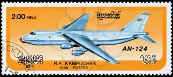 CAMBODIA - CIRCA 1986: stamp printed by Cambodia, shows airplane AN-124, circa 1986.