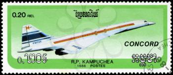 CAMBODIA - CIRCA 1986: stamp printed by Cambodia, shows airplane Concord, circa 1986.