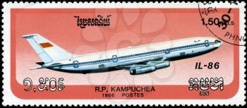 CAMBODIA - CIRCA 1986: stamp printed by Cambodia, shows airplane IL-86, circa 1986.