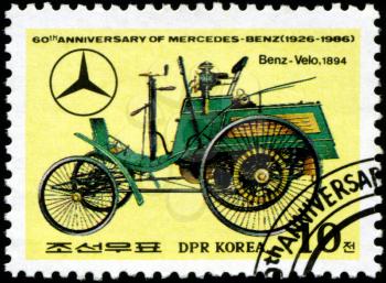 DPR KOREA - CIRCA 1986: A stamp printed by DPR KOREA shows the historic cars. 60 th anniversary of mercedes-benz (1926-1986), series, circa 1986
