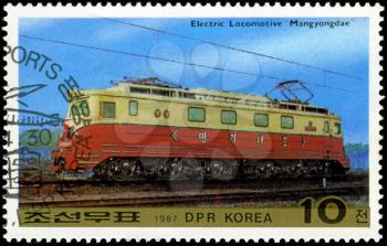 DPR KOREA - CIRCA 1987: A stamp printed in DPR Korea (North Korea) shows Electric trane Juche and Electric locomotive Mangyongdae, circa 1987