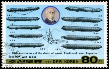 DEMOCRATIC PEOPLE'S REPUBLIC (DPR) of KOREA - CIRCA 1987: A stamp printed in DRK Korea (North Korea) honoring 70th annivversary of the death of count Ferdinand von Zeppelin, circa 1987