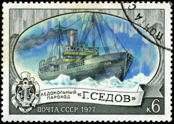 USSR- CIRCA 1977: A stamp printed by USSR, shows known russian icebreaker  G. Sedov, series, circa 1977