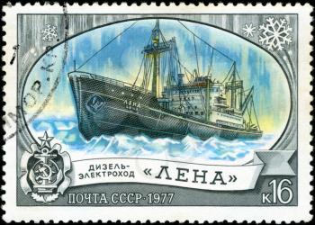 USSR - CIRCA 1977: A postal stamp printed in USSR is shown by the diesel-electric ship Lena, CIRCA 1977.
