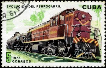 CUBA - CIRCA 1975 : A post stamp printed in Cuba shows moving train and devoted evolution of railway traffic,series .Circa 1975