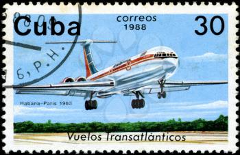 CUBA - CIRCA 1988: A Stamp printed in CUBA shows image of the airplane in transatlantic flight, Habana - Paris in 1983, circa 1988