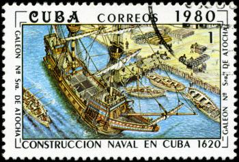 CUBA - CIRCA 1980: A stamp printed by the Cuban Post shows construction of the Cuban galleon Nuestra Senora de Atocha (Our lady of Atocha), built in 1620, circa 1980