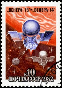 USSR - CIRCA 1982: A stamp printed in USSR, satellite space station spacecraft Venus-13 , Venus-14 , circa 1982