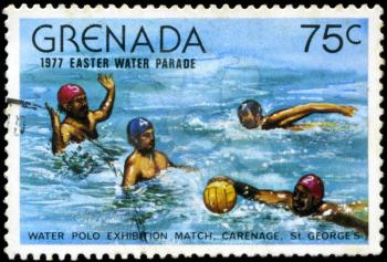 GRENADA - CIRCA 1977: A stamp printed in Grenada issued for the easter water parade  shows water polo exhibition match, circa 1977.