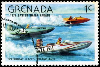 GRENADA - CIRCA 1977: A stamp printed in Grenada issued for the easter water parade  shows speedboat races, grand anse, circa 1977.