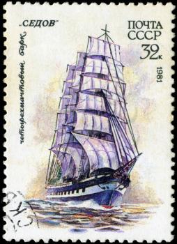 USSR- CIRCA 1981: a stamp printed by USSR, shows  russian sailing four masted barque  Sedov , series, circa 1981.