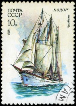 USSR- CIRCA 1981: a stamp printed by USSR, shows  russian sailing schooner   Kodor, series, circa 1981.