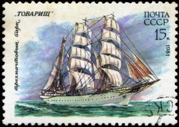 USSR- CIRCA 1981: a stamp printed by USSR, shows  russian sailing three masted barque  Tovarisch, series, circa 1981.