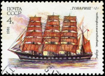 USSR- CIRCA 1981: a stamp printed by USSR, shows  russian sailing four masted barque  Tovarisch (1) , series, circa 1981.