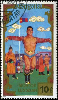 MONGOLIA - CIRCA 1988: stamp printed by Mongolia, shows Mongolian wrestling, circa 1988