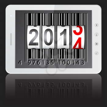 White tablet PC computer with 2014 New Year counter, barcode isolated on black background. Vector  illustration.
