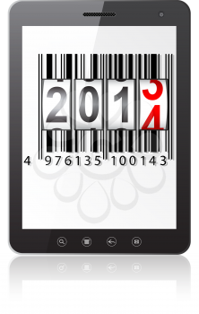 Tablet PC computer with 2014 New Year counter, barcode isolated on white background. Vector  illustration.
