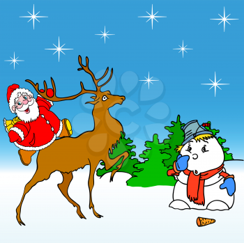 santa claus rides on deer and snowman