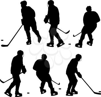 Set of silhouettes of hockey player. Isolated on white. Vector  illustrations.