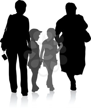 Silhouette of family, mother and children and grandmother on white background. Vector illustration.