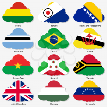 Set  Flags of world sovereign states in  form  clouds. Vector illustration. Set number 3. Exact colors. Easy changes.