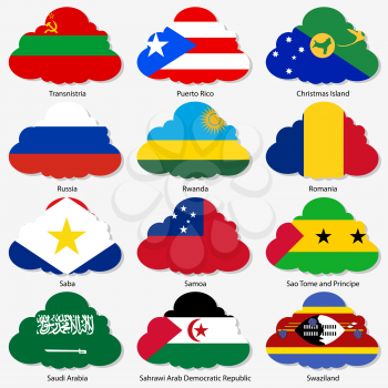 Set  Flags of world sovereign states in  form  clouds. Vector illustration. Set number 13. Exact colors. Easy changes.