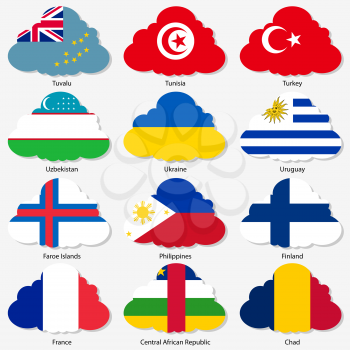 Set  Flags of world sovereign states in  form  clouds. Vector illustration. Set number 16. Exact colors. Easy changes.