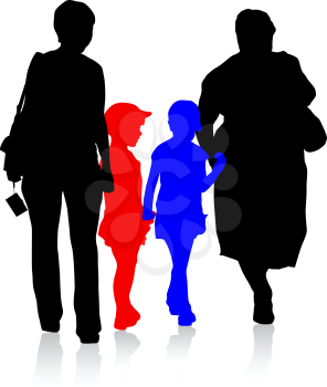 Silhouette of family, mother and children and grandmother on white background. Vector illustration.