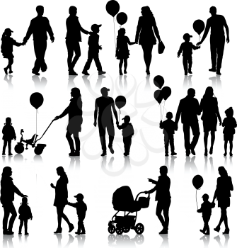 Black set of silhouettes of parents and children on white background. Vector illustration.