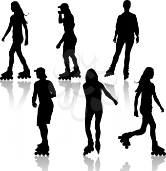 Silhouettes of people rollerskating. Vector illustration.