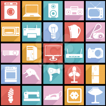 Collection flat icons with long shadow. Electrical devices symbols. Vector illustration.