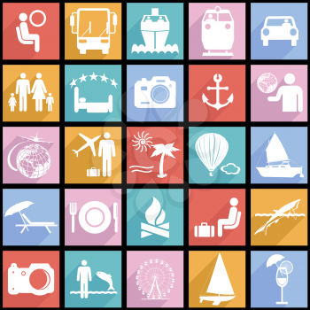 Collection flat icons with long shadow. Travel symbols. Vector illustration.