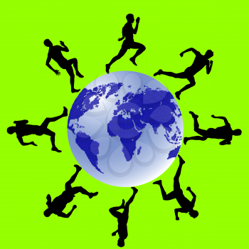 Silhouettes, athletes run around the globe. vector illustration.
