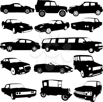 Set black silhouettes of different types of the cars on white background. Vector illustration.