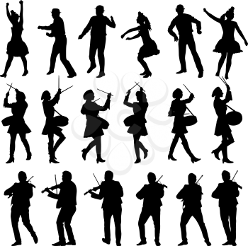 Black silhouettes of beautiful mans and womans. Drummer, violinist and acrobat on white background. Vector illustration.