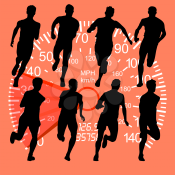 Set of silhouettes. Runners on sprint, men against the background of the speedometer. vector illustration.
