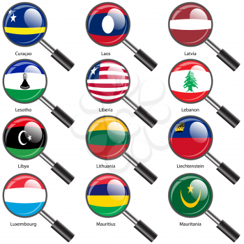 Set  Flags of world sovereign states Magnifying glass. Vector illustration. Set number 9. Exact colors. Easy changes.